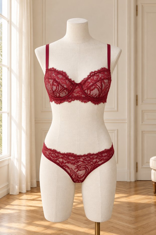 Burgundy Soft Lace Underwire Non-Cup Bra Set
