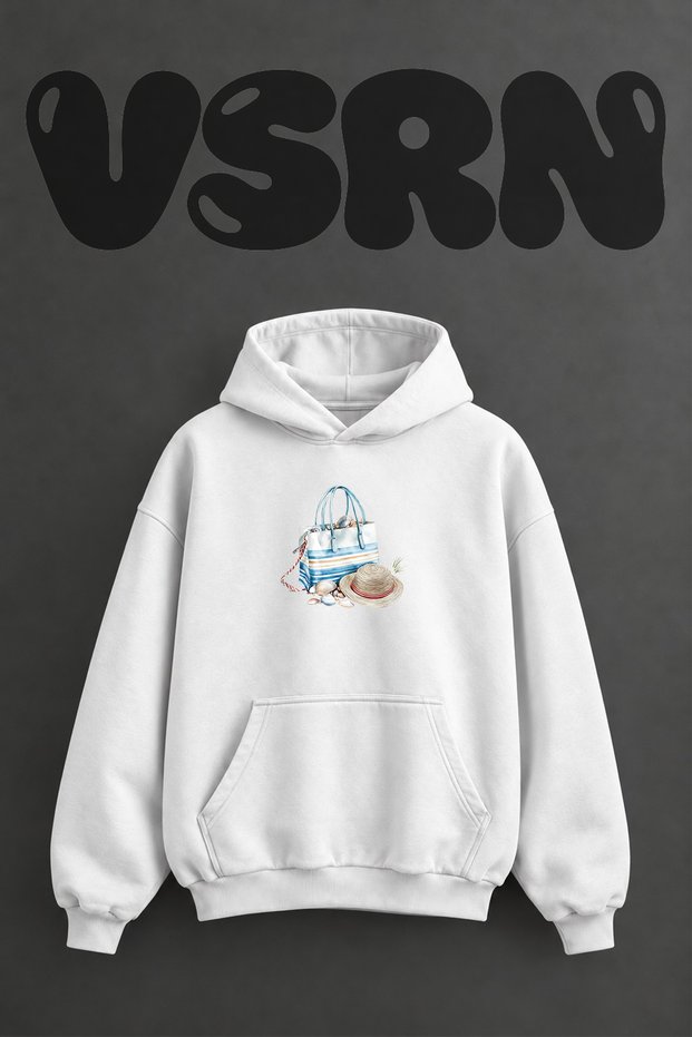 Plaj Cantasi Hasir Sapka Design Pre-Printed Oversize White Hooded Sweatshirt