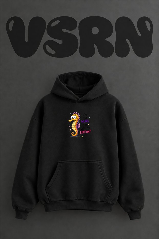 Cartoon Seahorse Design Pre-Printed Oversize Black Hooded Sweatshirt