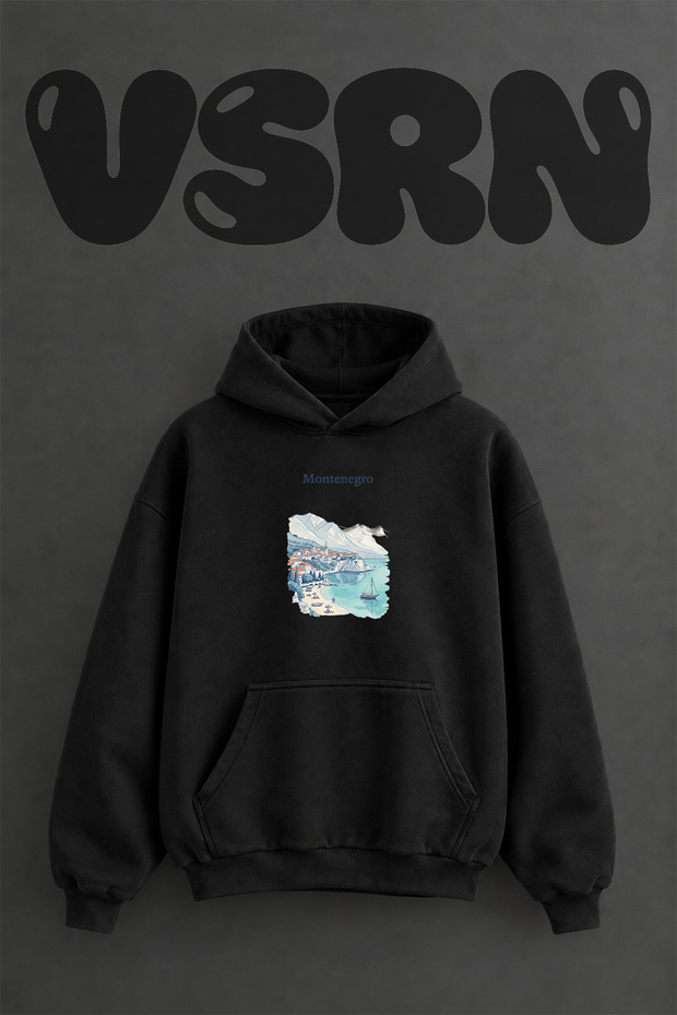 Montenegro Coastal Town Design Pre-Printed Oversize Black Hooded Sweatshirt