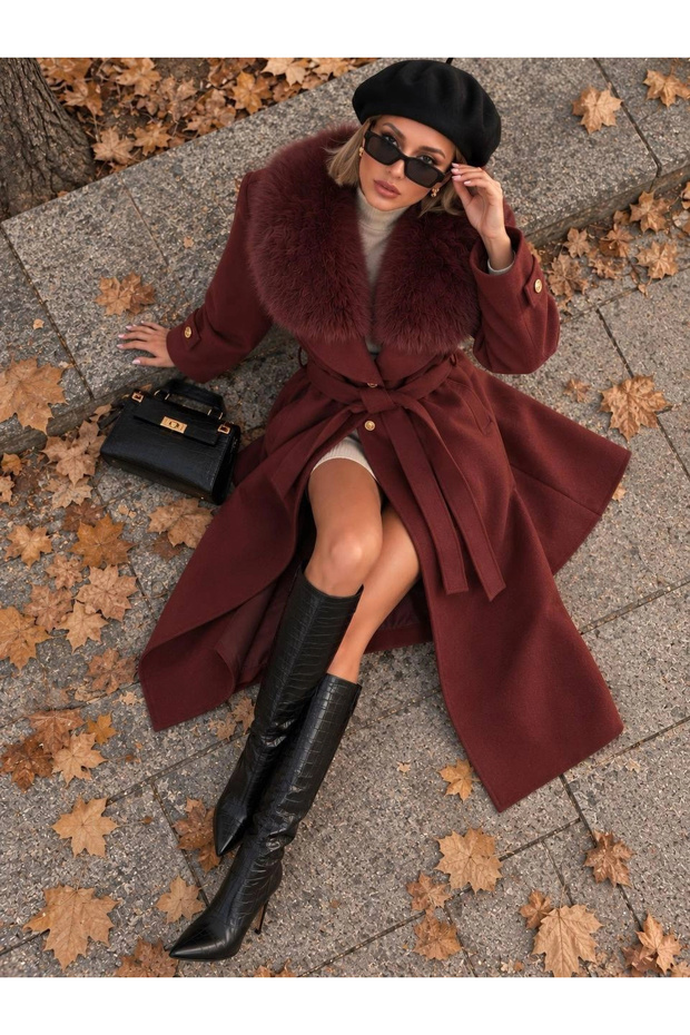 Women's Tile Fur Collar Belted Long Sleeve Cashmere Coat Flared Cut Pockets Lined Overcoat