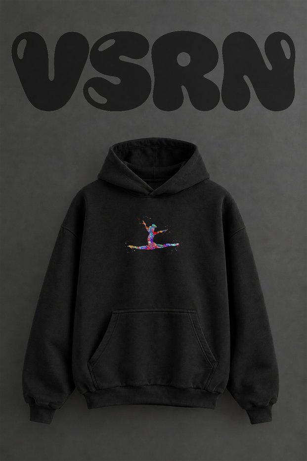Watercolor Gymnast Design Pre-Printed Oversize Black Hooded Sweatshirt