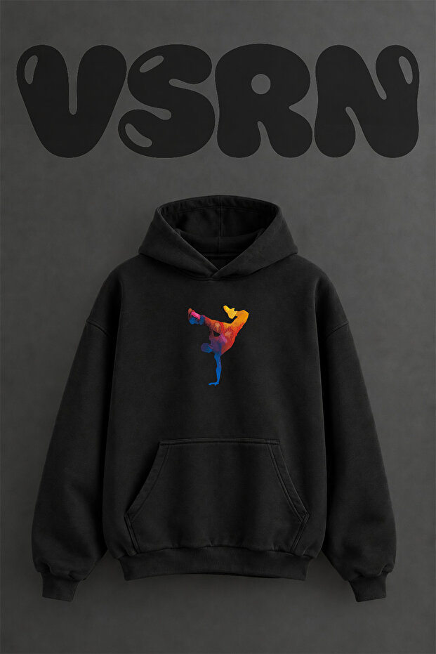 Break Dance Design Pre-Printed Oversize Black Hooded Sweatshirt