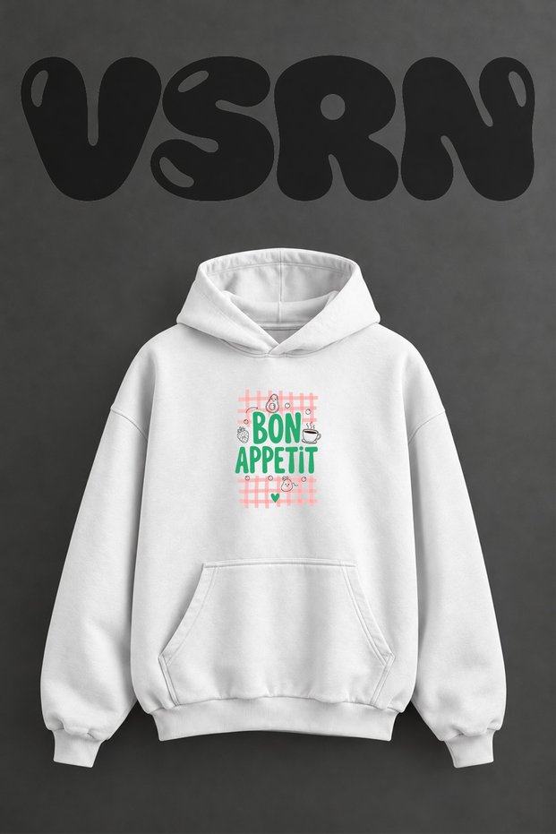 Bon Appetit Design Pre-Printed Oversize White Hooded Sweatshirt