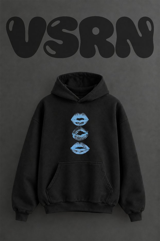 Lip Print Design Pre-Printed Oversize Black Hooded Sweatshirt