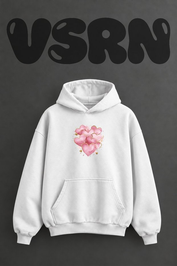 Pink Hearts Design Pre-Printed Oversize White Hooded Sweatshirt