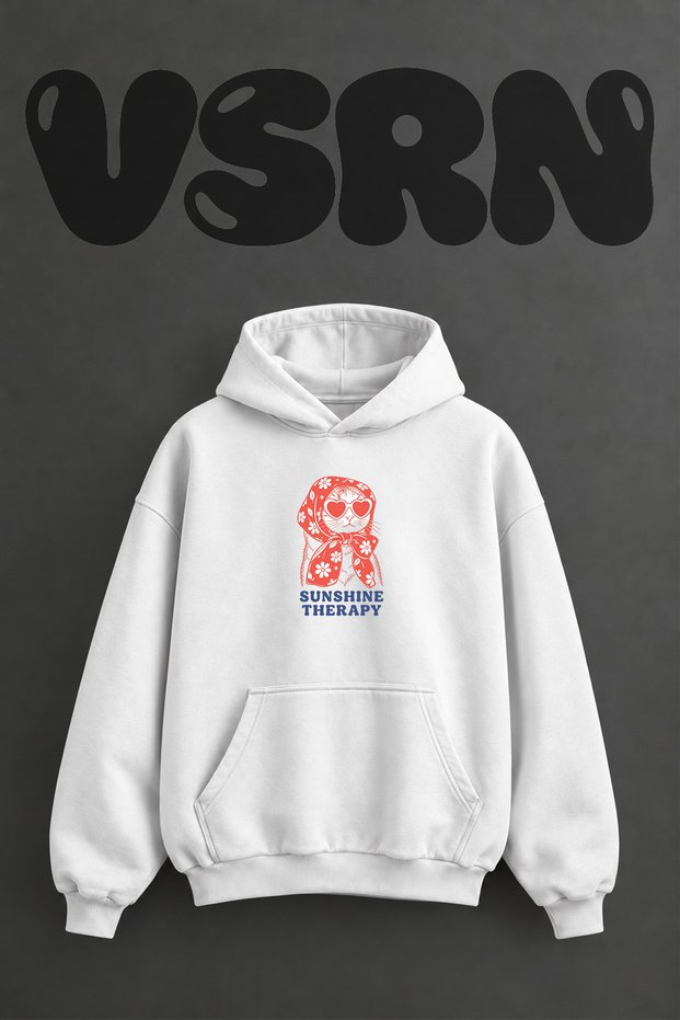 Cat Heart Glasses Design Pre-Printed Oversize White Hooded Sweatshirt