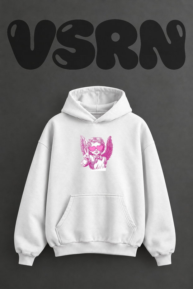 Pink Cherub Design Pre-Printed Oversize White Hooded Sweatshirt