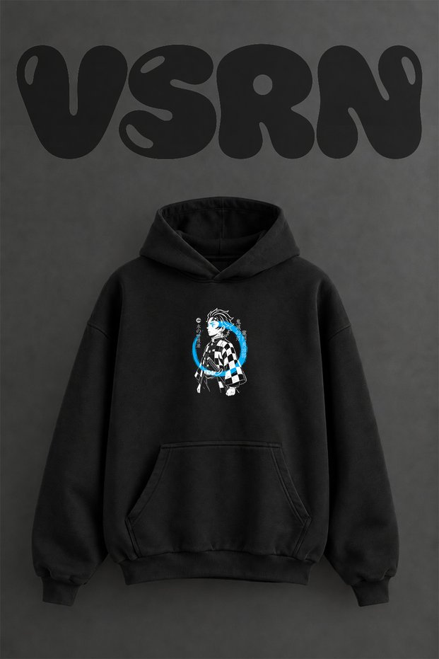 Tanjiro Kamado Design Pre-Printed Oversize Black Hooded Sweatshirt