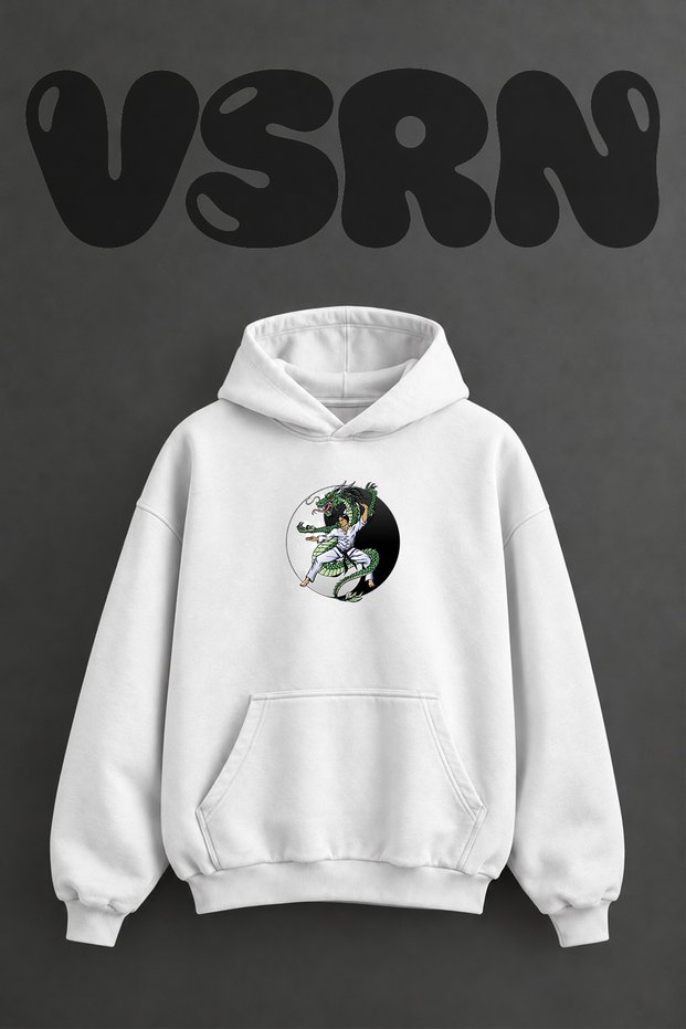 Kung Fu Dragon Design Pre-Printed Oversize White Hooded Sweatshirt