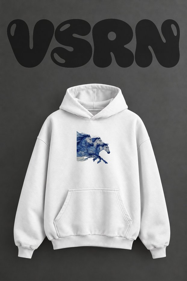 Blue Horses Design Pre-Printed Oversize White Hooded Sweatshirt