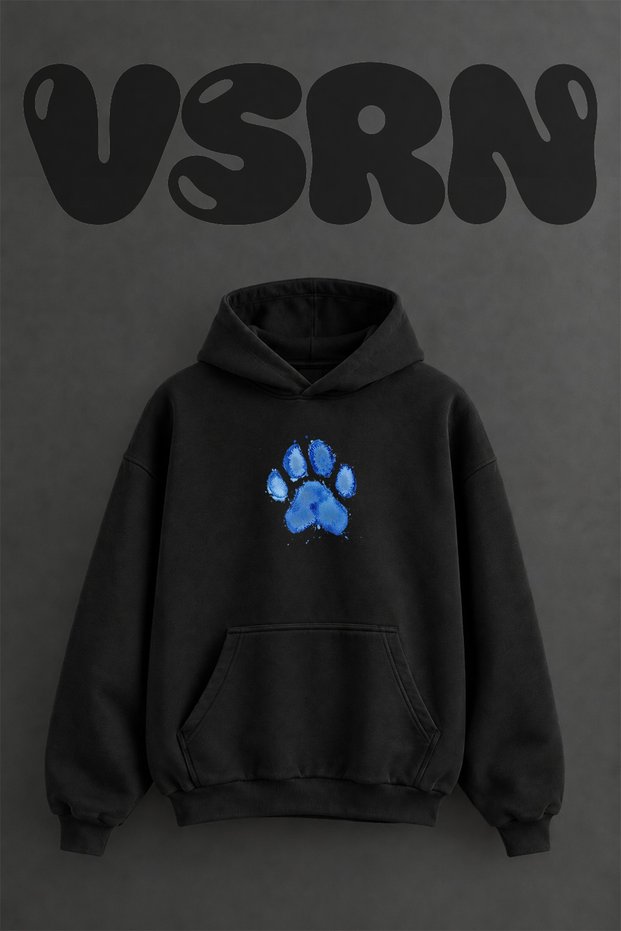 Paw Print Design Pre-Printed Oversize Black Hooded Sweatshirt