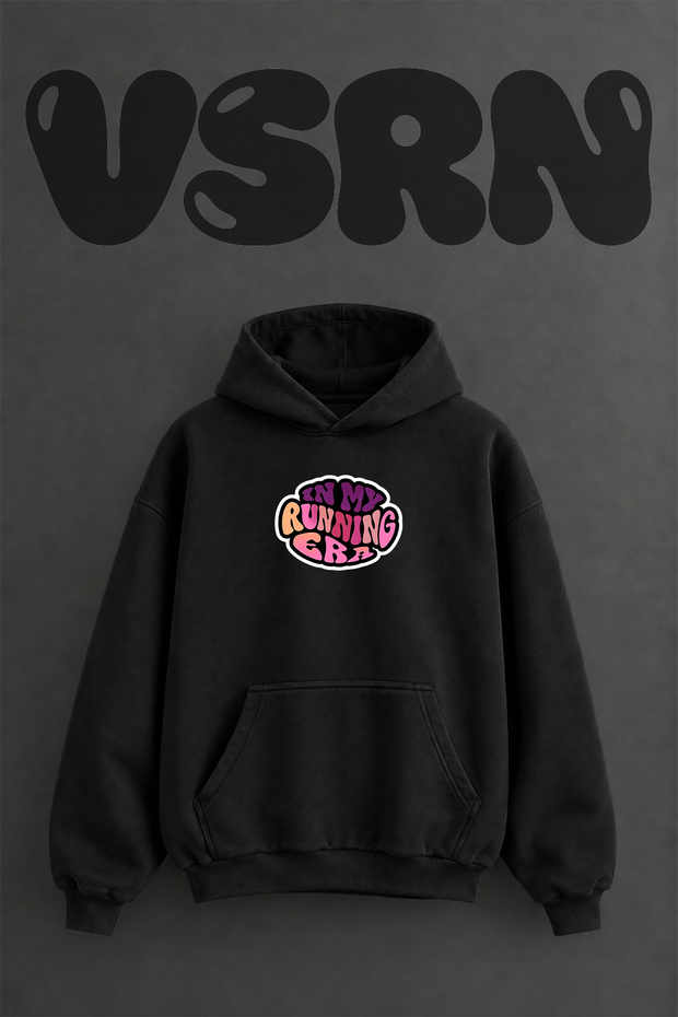 Running Era Design Pre-Printed Oversize Black Hooded Sweatshirt