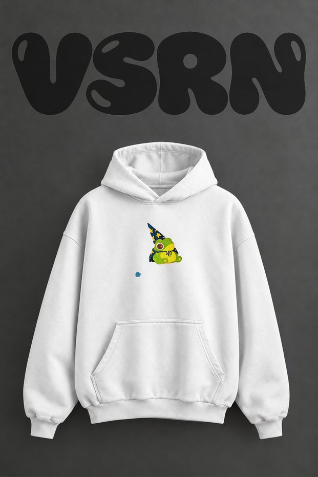 Wizard Frog Design Pre-Printed Oversize White Hooded Sweatshirt