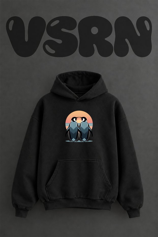 Penguin Couple Design Pre-Printed Oversize Black Hooded Sweatshirt