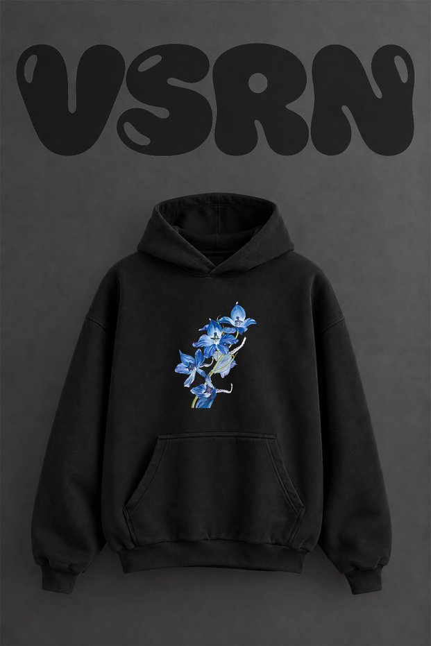 Blue Delphinium Design Pre-Printed Oversize Black Hooded Sweatshirt