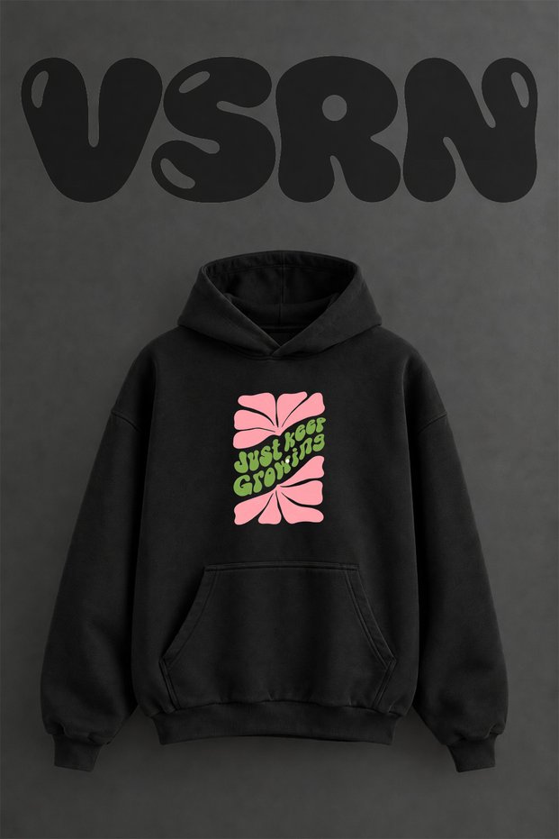 Just Keep Growing Design Pre-Printed Oversize Black Hooded Sweatshirt