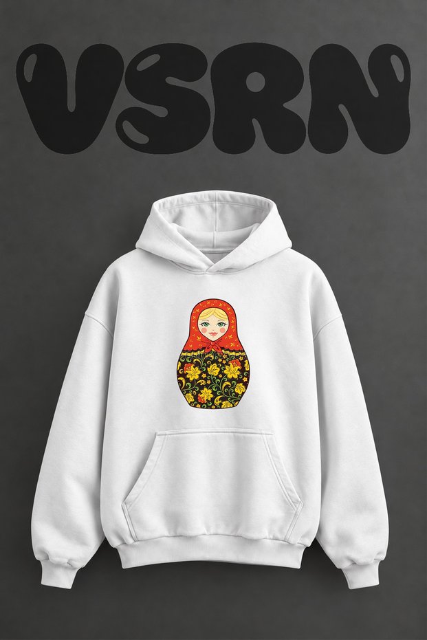 Matryoshka Doll Design Pre-Printed Oversize White Hooded Sweatshirt