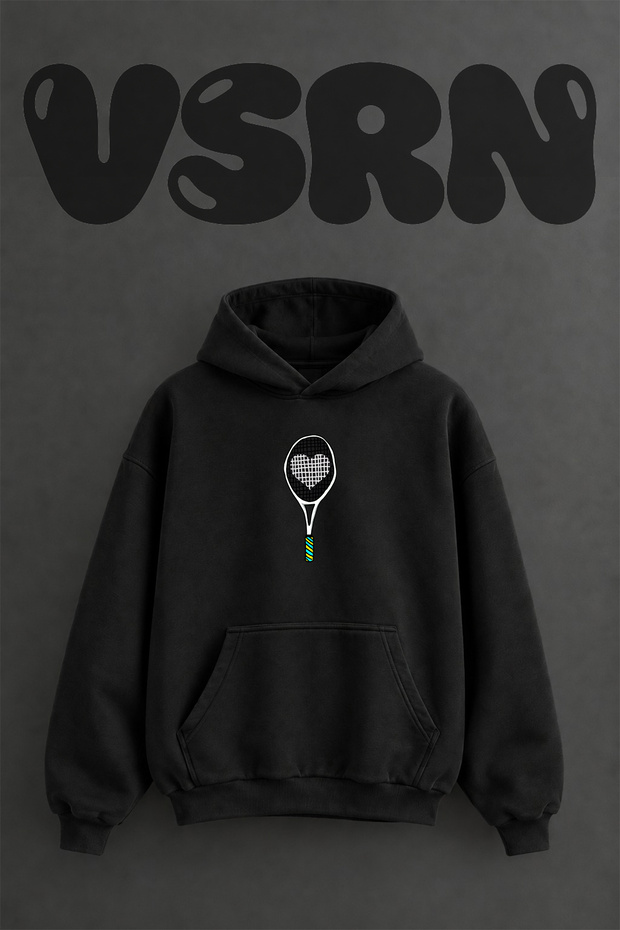 Tennis Racket Heart Design Pre-Printed Oversize Black Hooded Sweatshirt