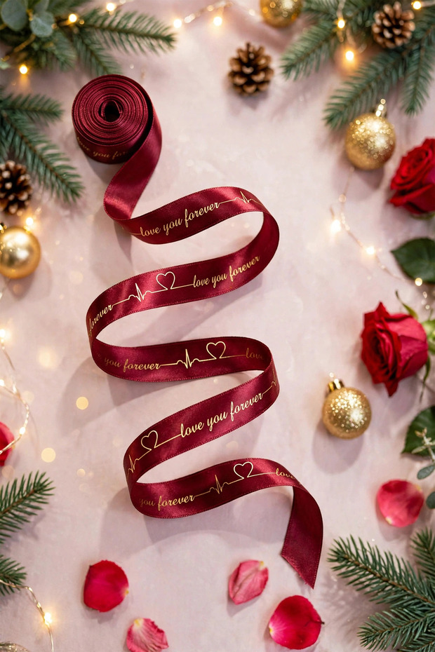 Burgundy Valentine's Day Love You Forever Printed Satin Ribbon 2.5 cm Width X 10 Meters Hearted Lover Gift Package Decoration