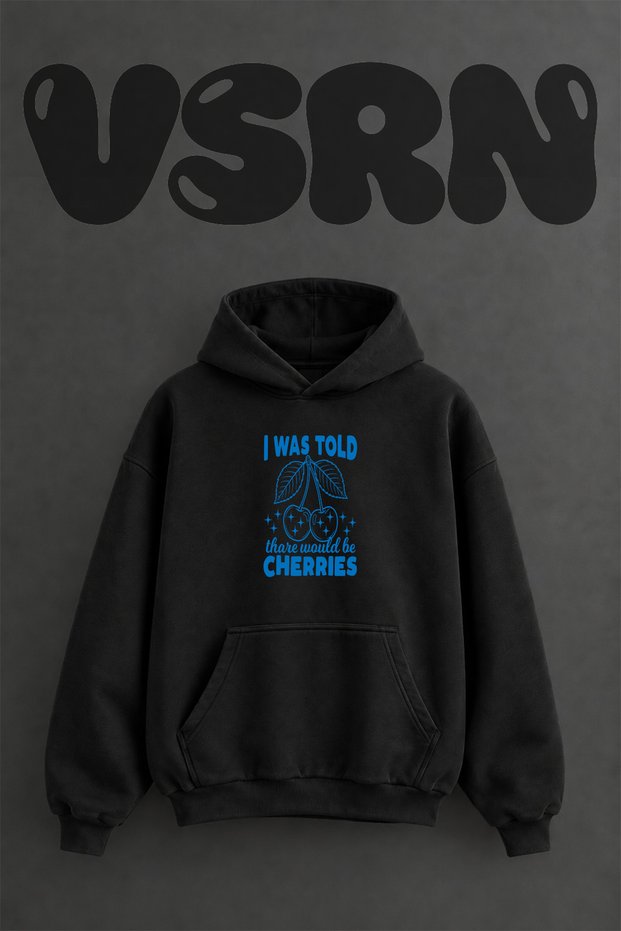 Cherries Design Pre-Printed Oversize Black Hooded Sweatshirt