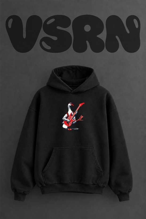 Rock Kaz Design Front Printed Oversize Black Hooded Sweatshirt