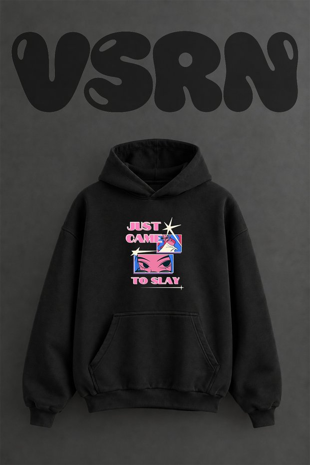 Blue Hair Girl Design Pre-Printed Oversize Black Hooded Sweatshirt