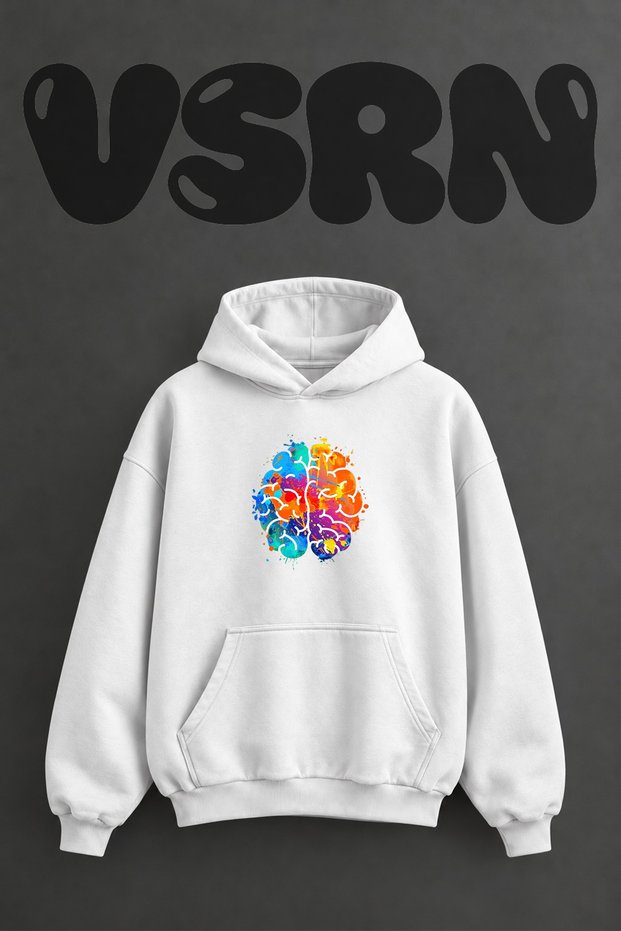 Brain Colorful Design Pre-Printed Oversize White Hooded Sweatshirt