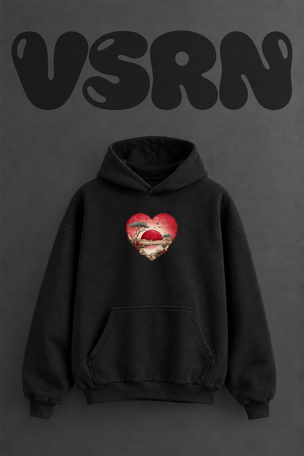 Heart Gunbatimi Kuslar Design Pre-Printed Oversize Black Hooded Sweatshirt