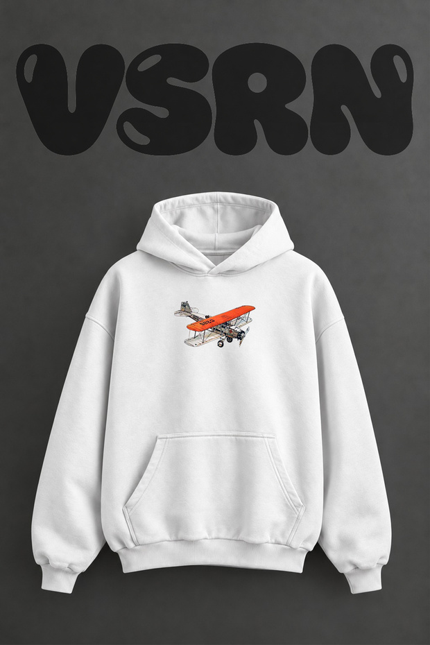 Mail Biplane Design Pre-Printed Oversize White Hooded Sweatshirt