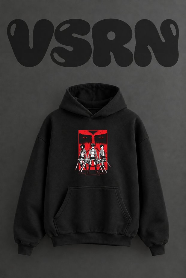 Attack on Titan Design Pre-Printed Oversize Black Hooded Sweatshirt