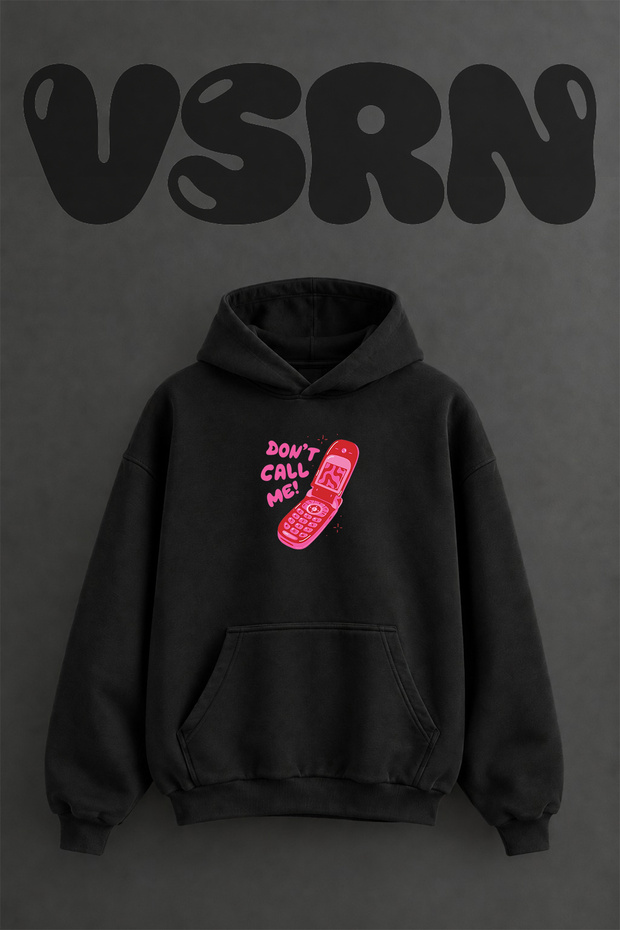Retro Flip Phone Design Pre-Printed Oversize Black Hooded Sweatshirt