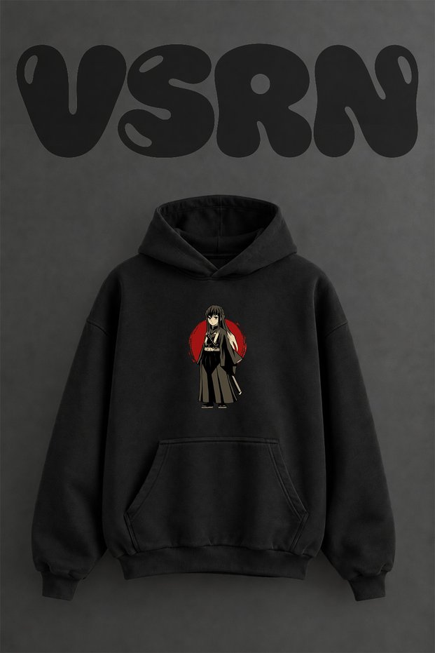 Muichiro Tokito Design Pre-Printed Oversize Black Hooded Sweatshirt