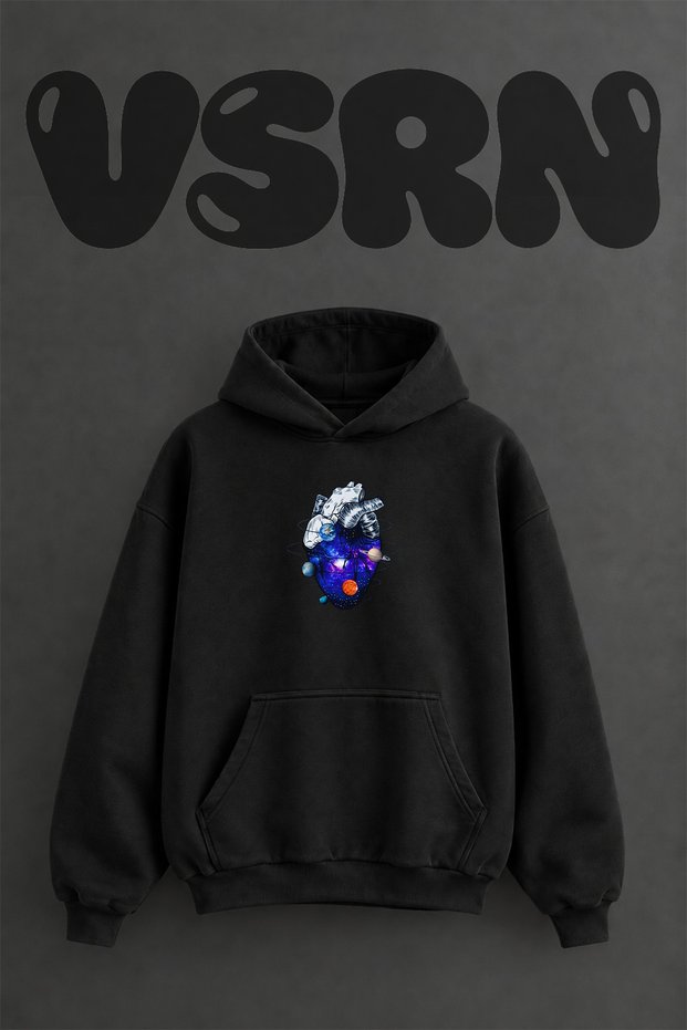Anatomical Heart Space Design Pre-Printed Oversize Black Hooded Sweatshirt