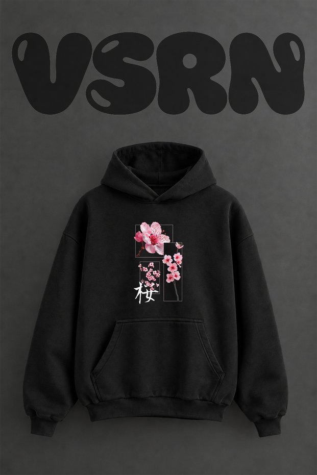 Cherry Blossom Design Pre-Printed Oversize Black Hooded Sweatshirt