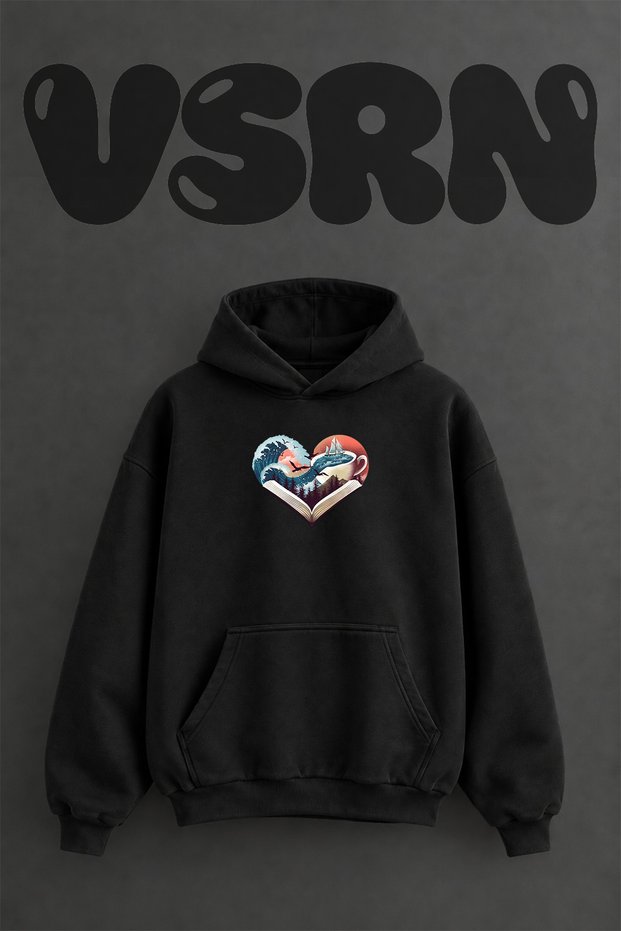 Book Heart Wave Design Pre-Printed Oversize Black Hooded Sweatshirt