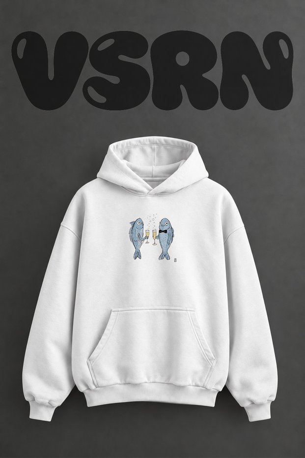 Sampanya Balik Design Front Printed Oversize White Hooded Sweatshirt