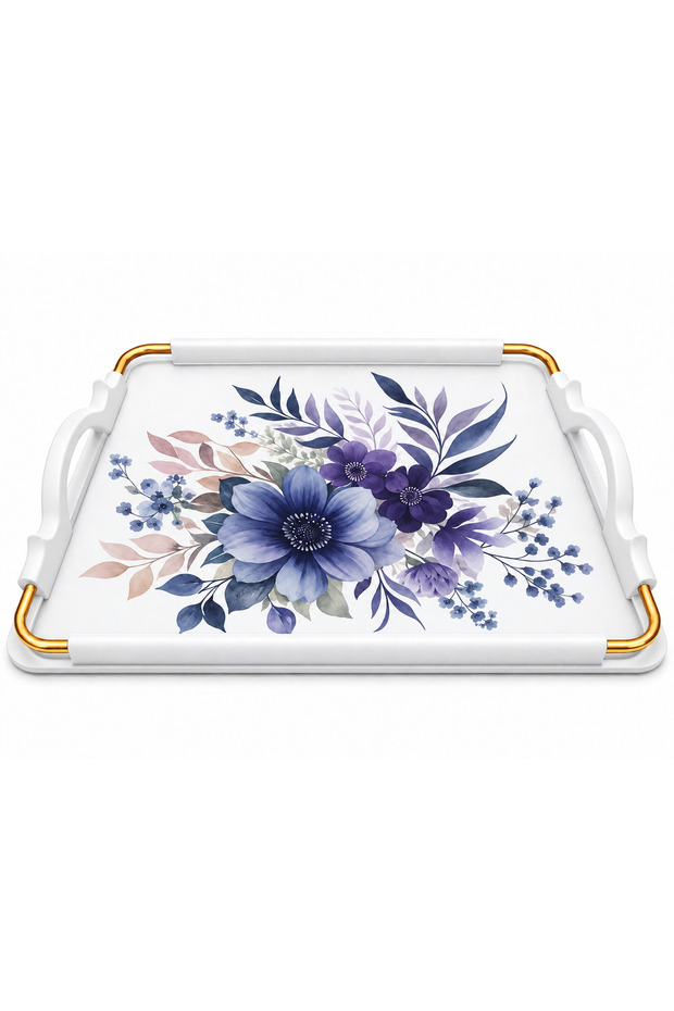 Colorido Gold Detailled Flower-Patterned Serving Tray with Handle – Stylish Decorative Tea, Coffee and Breakfast Presentation Tray 38 X 33 cm