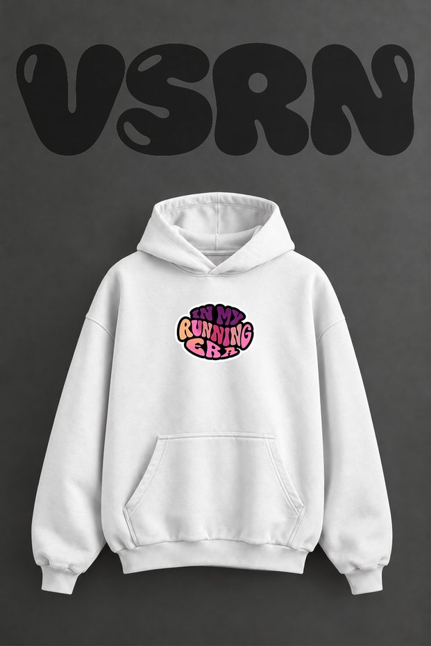 Running Era Design Pre-Printed Oversize White Hooded Sweatshirt