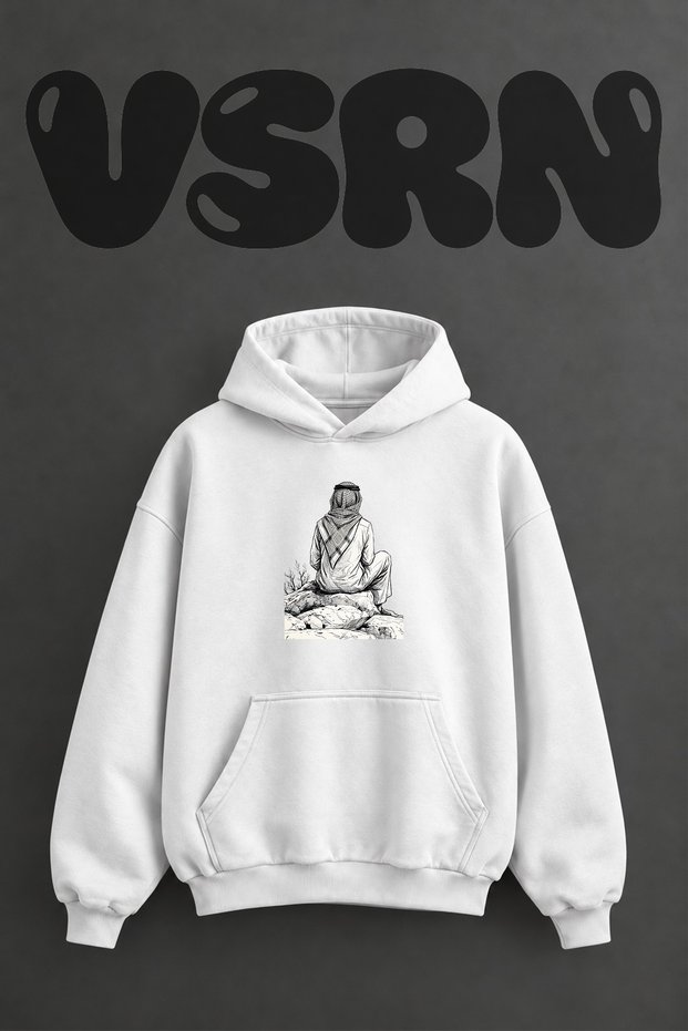 Keffiyeh Man Design Pre-Printed Oversize White Hooded Sweatshirt