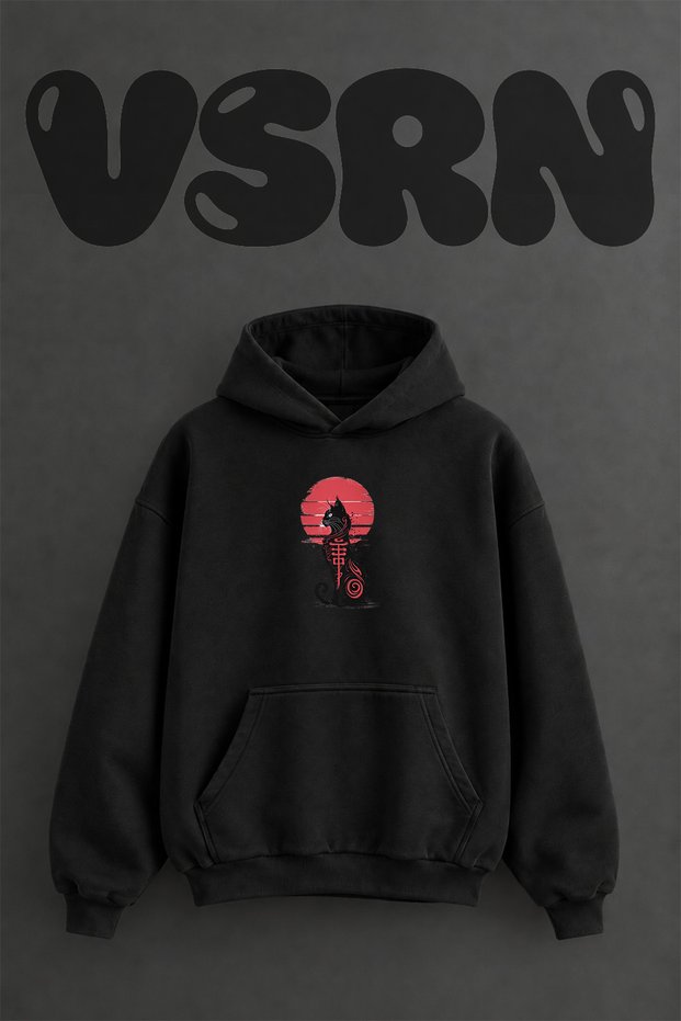 Kanji Cat Design Pre-Printed Oversize Black Hooded Sweatshirt