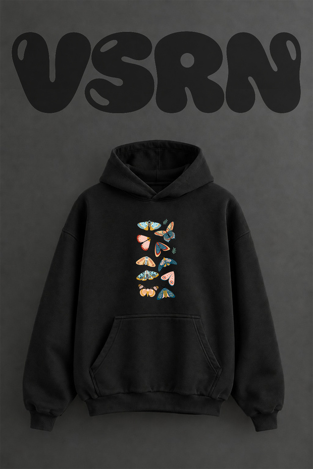 Colorful Butterfly_2 Design Pre-Printed Oversize Black Hooded Sweatshirt