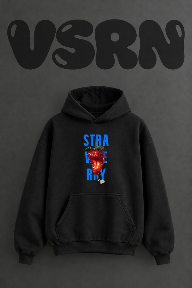 Strawberry Design Pre-Printed Oversize Black Hooded Sweatshirt