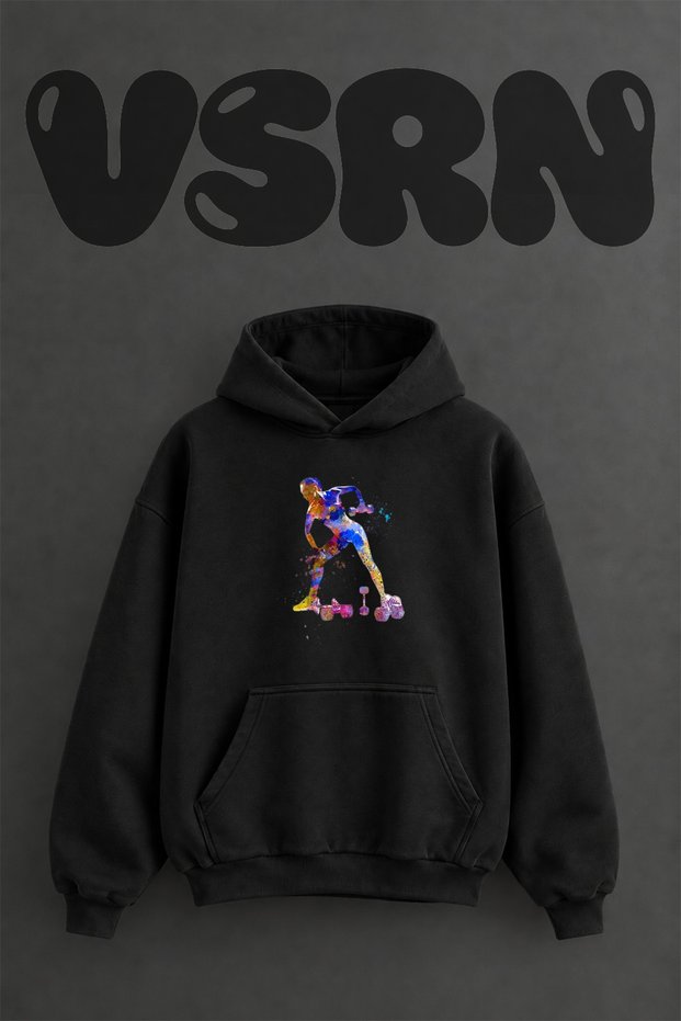 Fitness Art Design Pre-Printed Oversize Black Hooded Sweatshirt