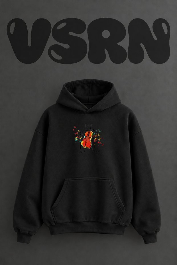 Cello Splatter Design Pre-Printed Oversize Black Hooded Sweatshirt