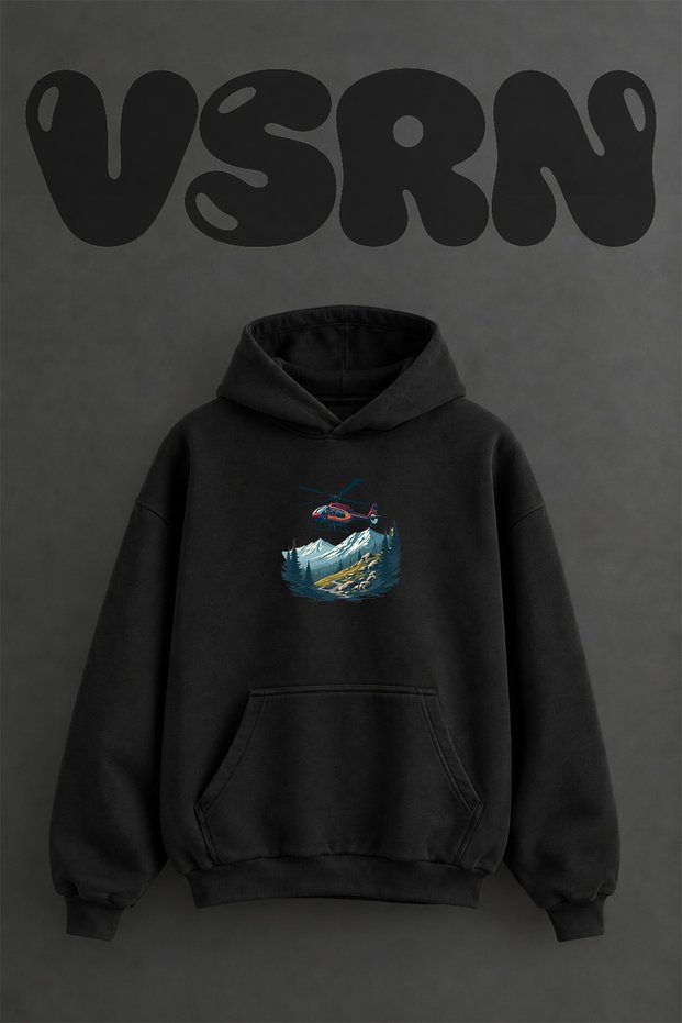 Helicopter Day Design Pre-Printed Oversize Black Hooded Sweatshirt