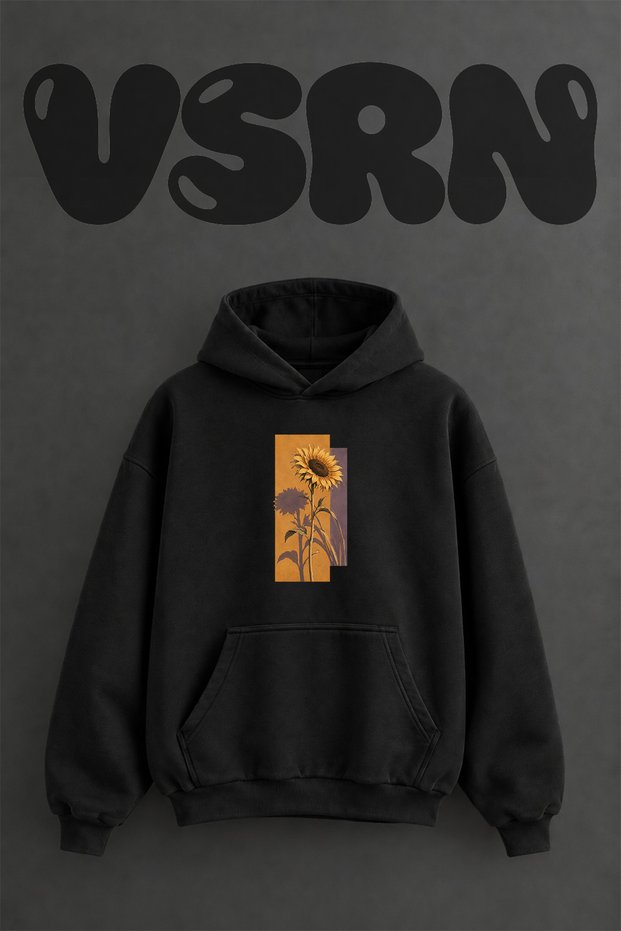 Sunflower Design Pre-Printed Oversize Black Hooded Sweatshirt