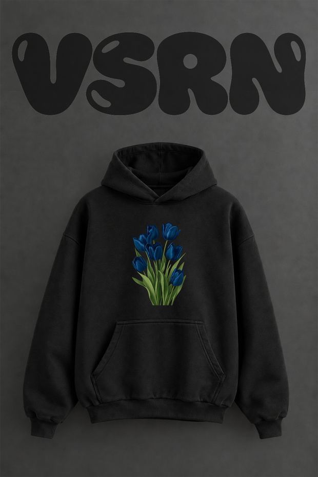 Blue Tulip Design Pre-Printed Oversize Black Hooded Sweatshirt