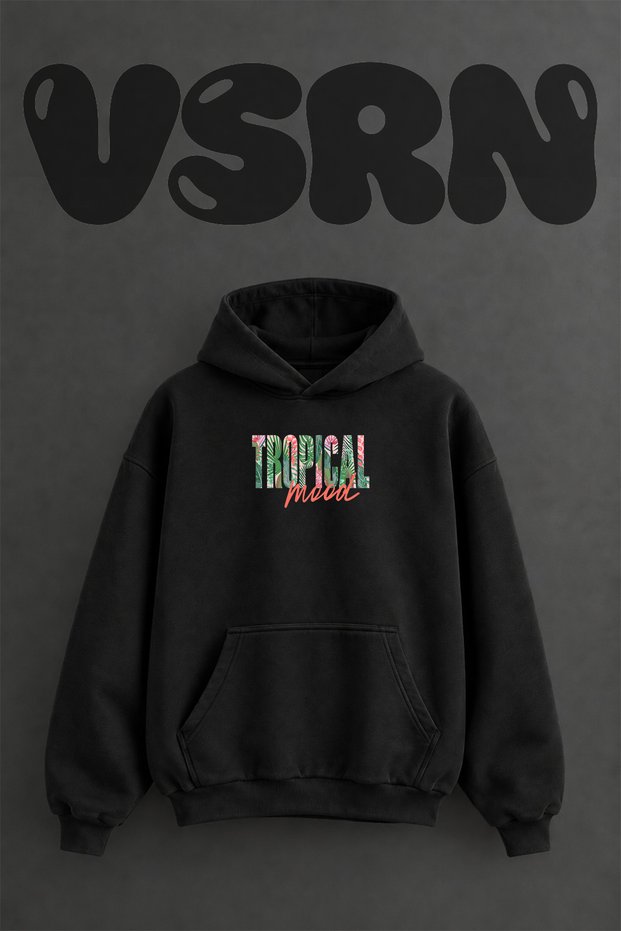 Tropical Leaves Flowers Design Pre-Printed Oversize Black Hooded Sweatshirt