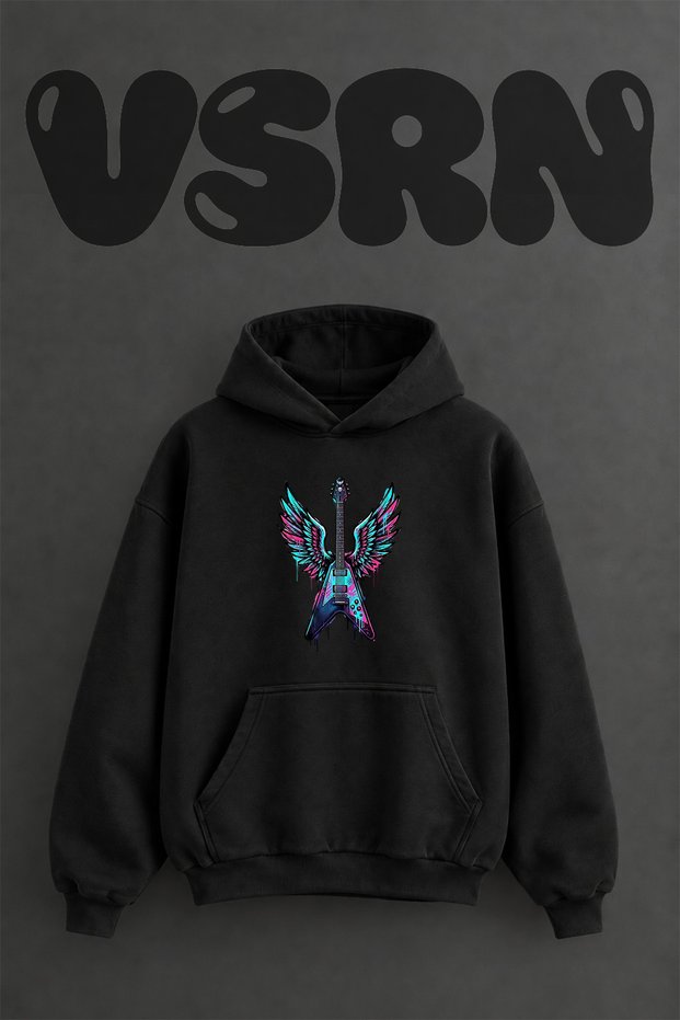 Winged Guitar Design Pre-Printed Oversize Black Hooded Sweatshirt
